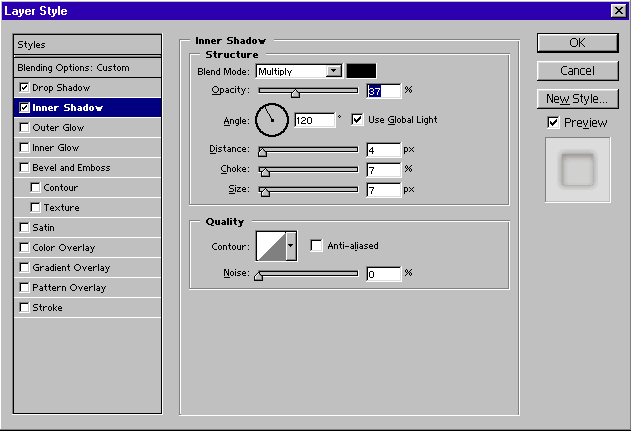 Layer Style, Inner Shadow settings